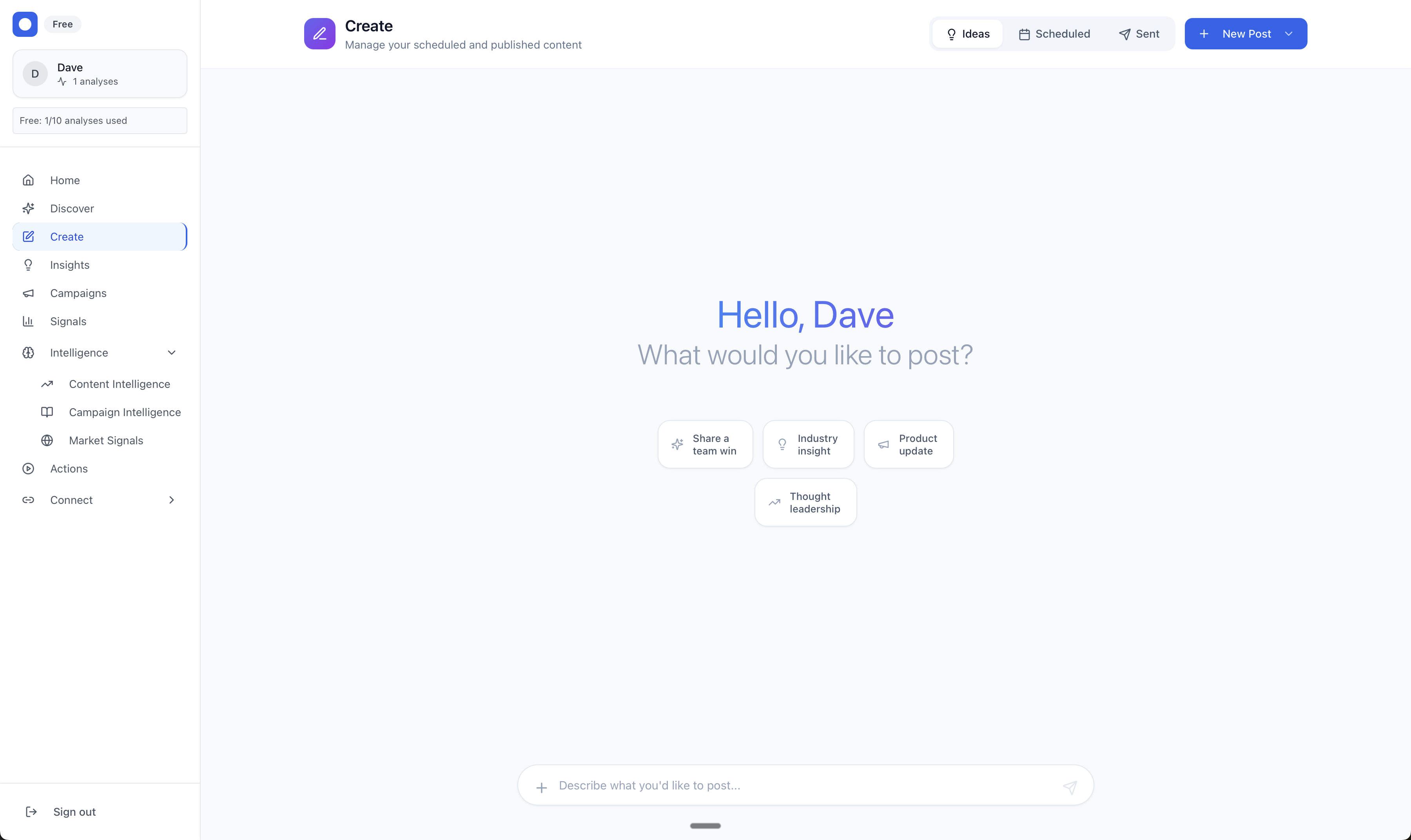 RevScope product dashboard — discover, create, and publish LinkedIn content